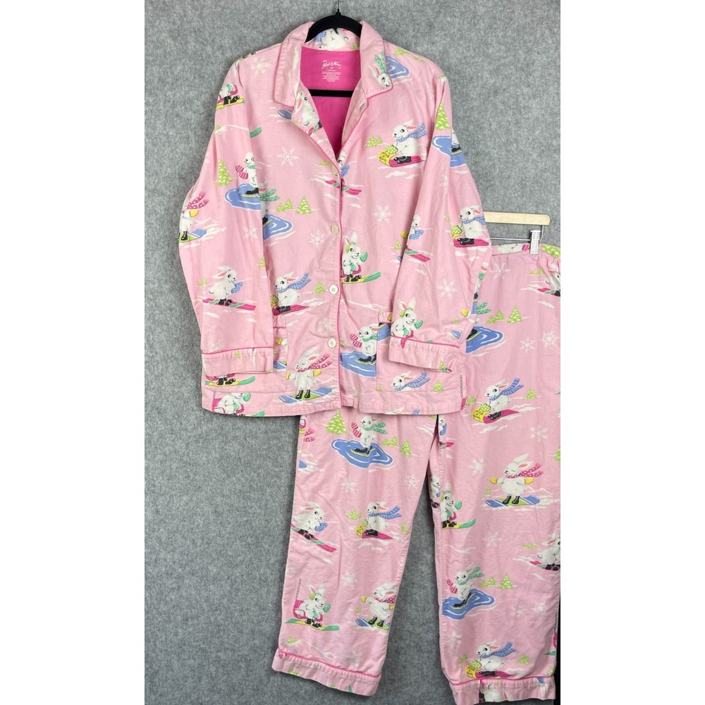Nick and Nora Ski Bunnies Pajama Set Womens XL Pink Flannel Long Sleeve Ski Sled
